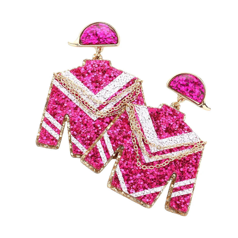 Fuchsia Glittered Derby Riding Suit Dangle Earrings
