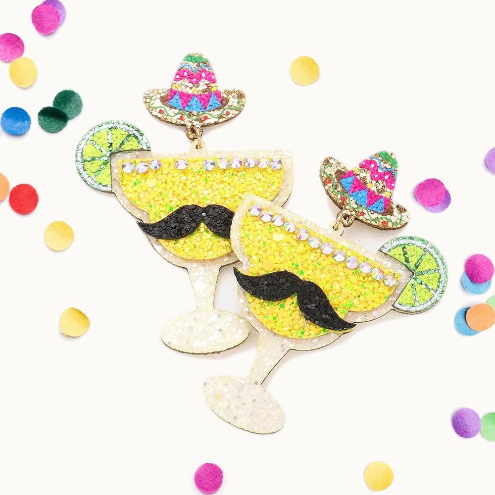 Yellow Glittered Hat Mustache Pointed Lime Cocktail Link Dangle Earrings