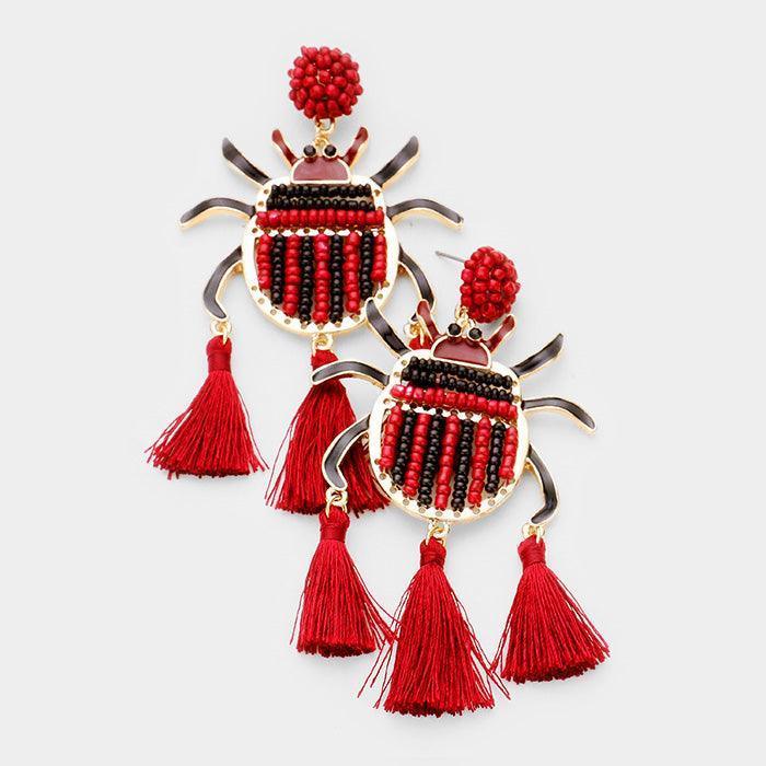 Gold Seed Beaded Ladybug Triple Tassel Earrings - Jewelry Store by Erik Rayo