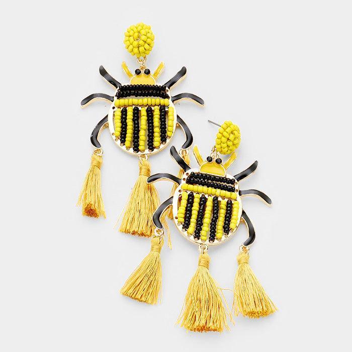 Mustard Seed Beaded Ladybug Triple Tassel Earrings - Jewelry Store by Erik Rayo
