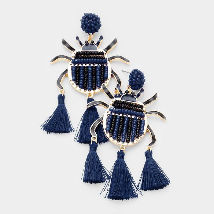 Gold Seed Beaded Ladybug Triple Tassel Earrings - Jewelry Store by Erik Rayo