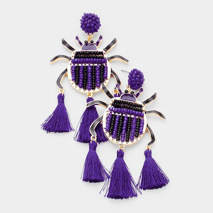 Purple Seed Beaded Ladybug Triple Tassel Earrings - Jewelry Store by Erik Rayo