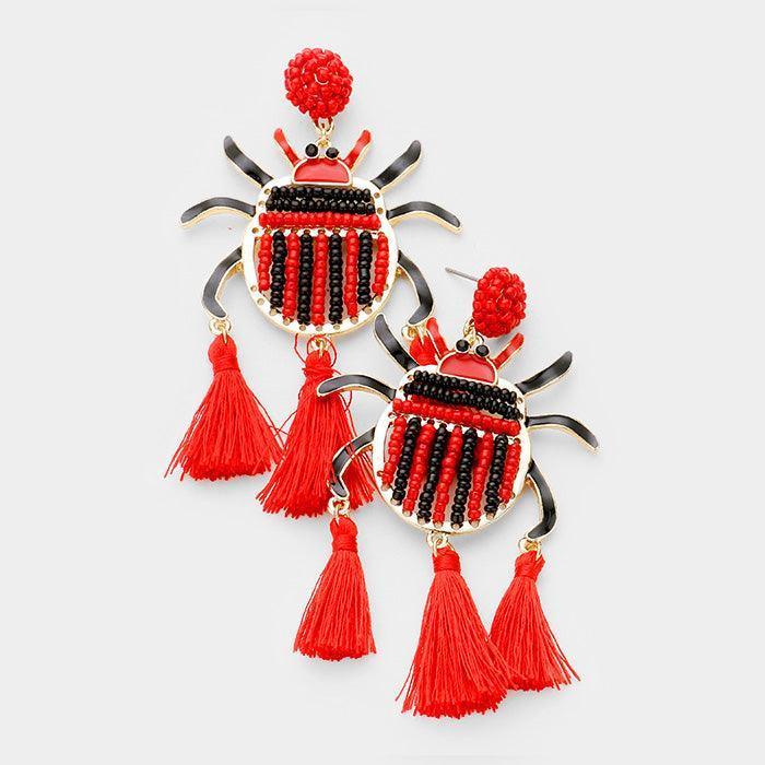 Red Seed Beaded Ladybug Triple Tassel Earrings - Jewelry Store by Erik Rayo