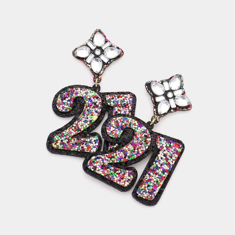 Black 21 Birthday Glittered Confetti Message Dangle Earrings - Jewelry Store by Erik Rayo