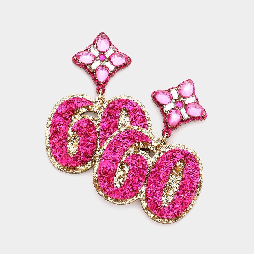 Fuchsia 60 Birthday Glittered Confetti Message Dangle Earrings - Jewelry Store by Erik Rayo
