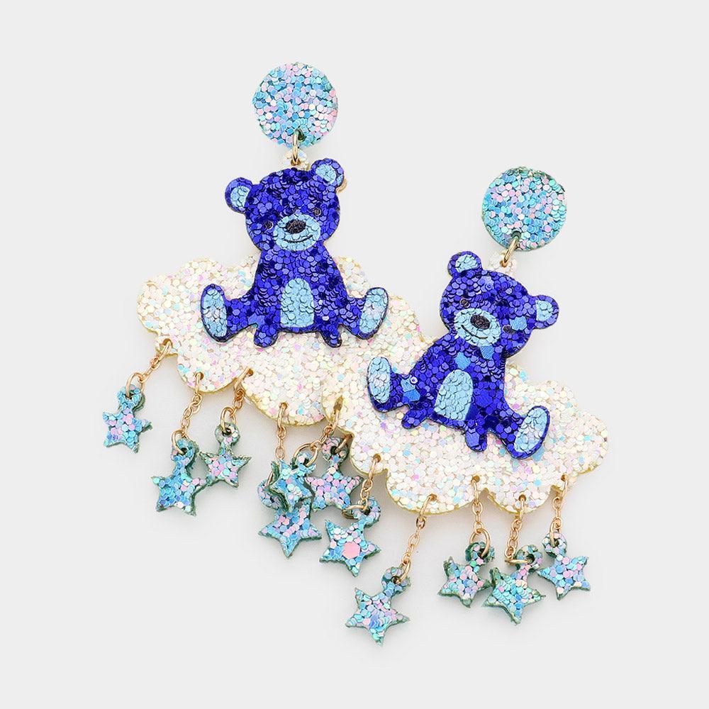 Blue Glittered Bear Cloud Star Link Baby Mobile Dangle Earrings - Jewelry Store by Erik Rayo