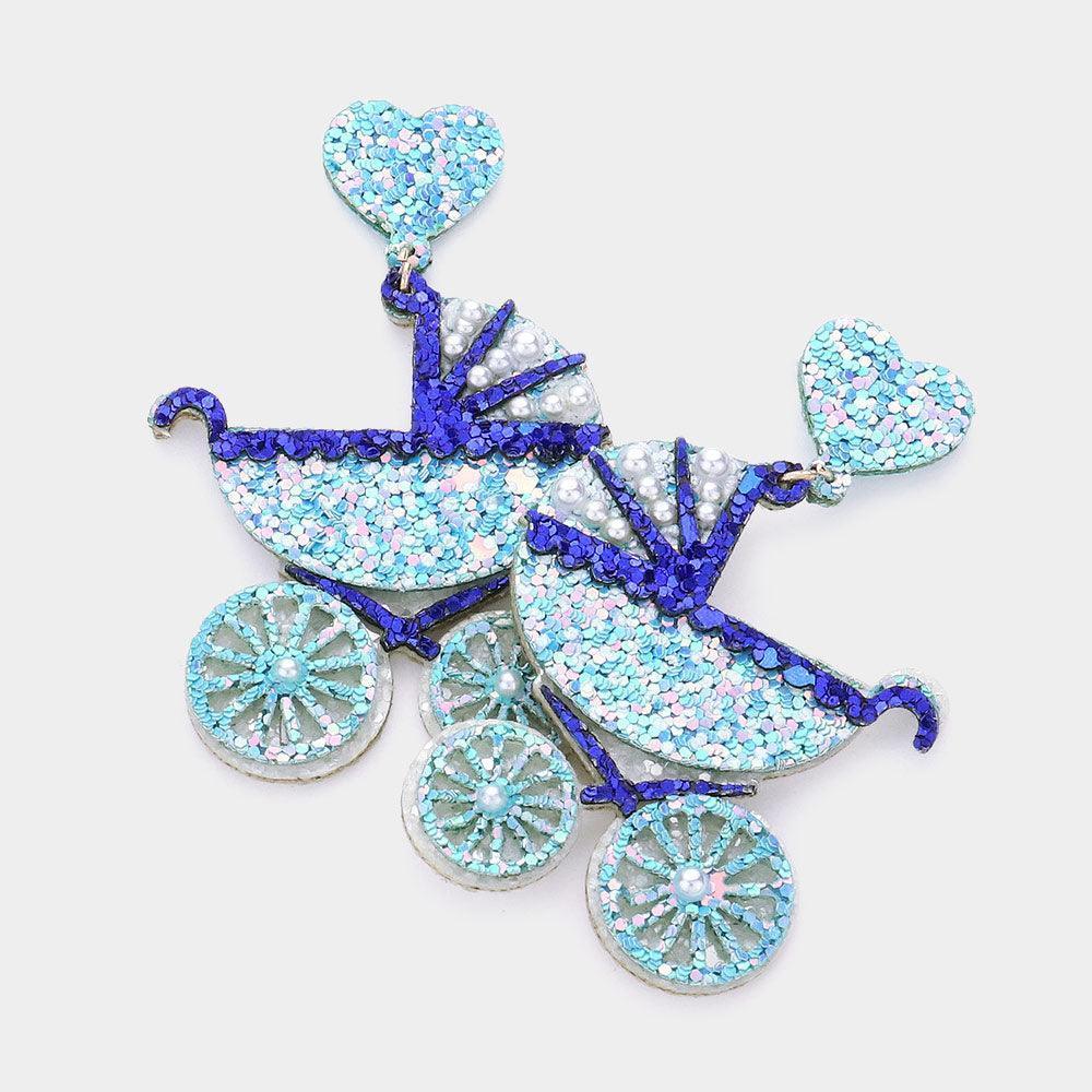 Blue Glittered Heart Stroller Dangle Earrings - Jewelry Store by Erik Rayo