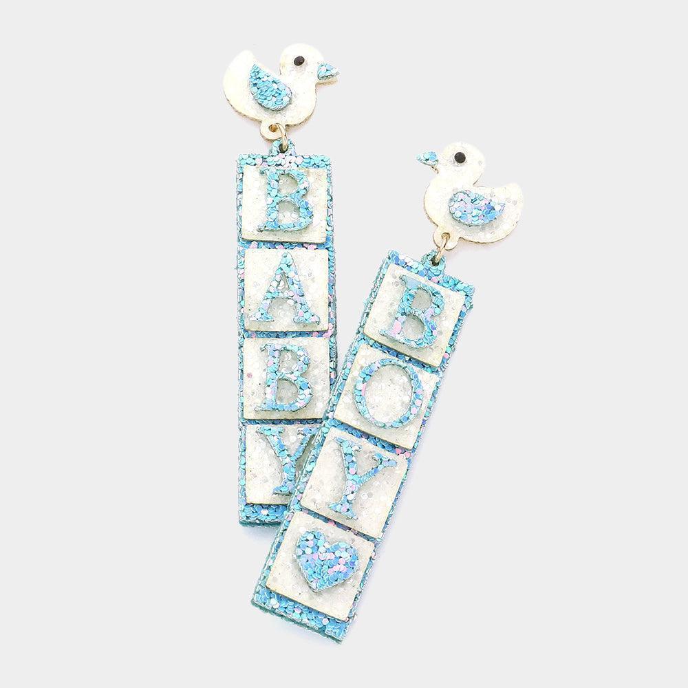 Blue Glittered Chick Baby Boy Message Dangle Earrings - Jewelry Store by Erik Rayo