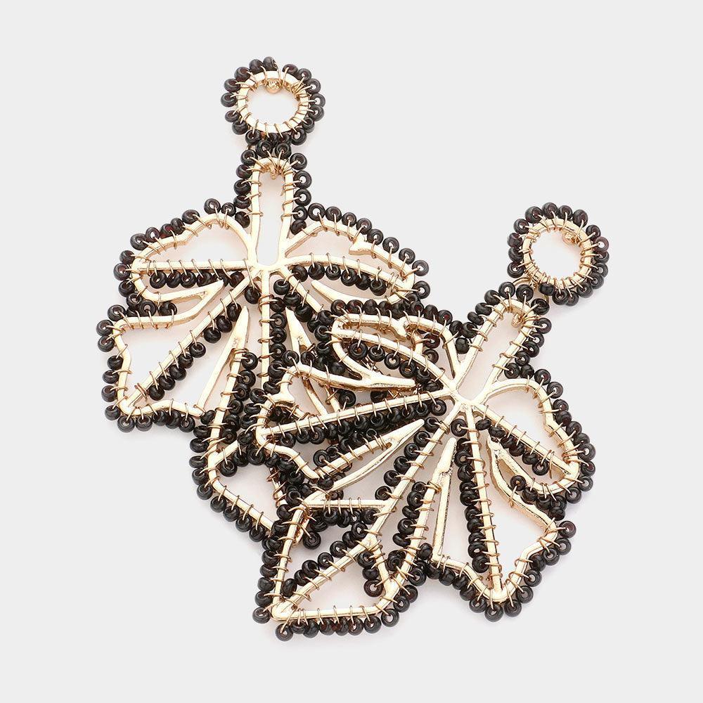 Black Wire Wrapped seed bead Leaf Dangle Earrings - Jewelry Store by Erik Rayo