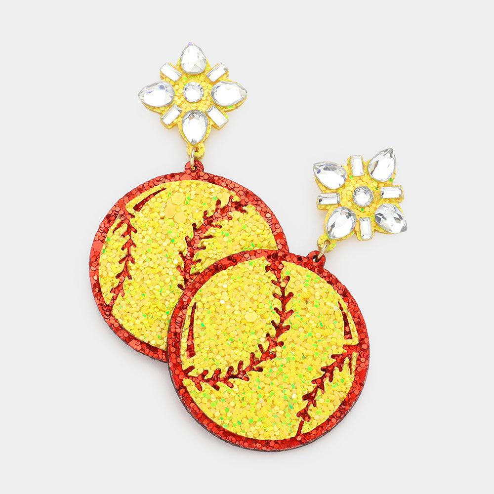 Yellow Glittered Softball Dangle Earrings