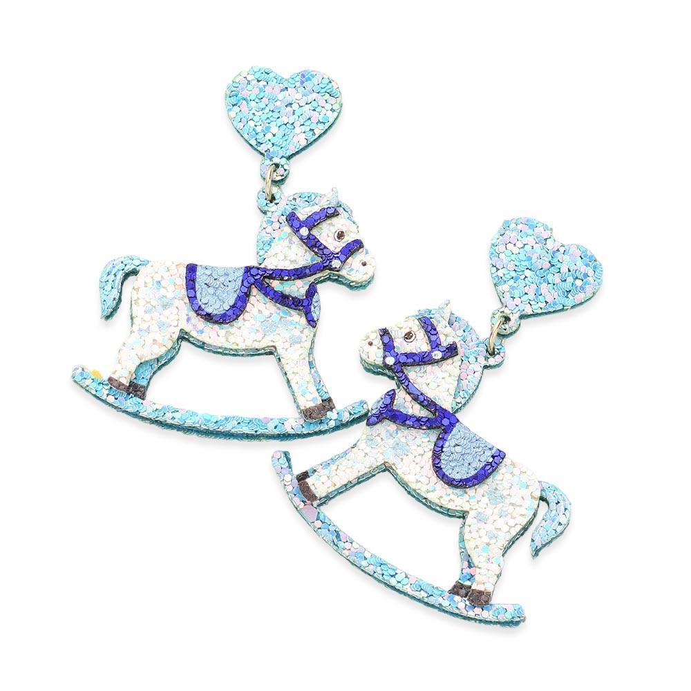 Blue Glittered Heart Rocking Horse Link Dangle Earrings - Jewelry Store by Erik Rayo