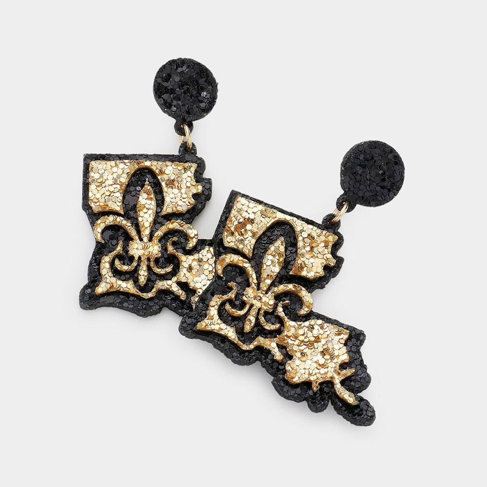 Felt Back Glittered Fleur de Lis Louisiana State Map Dangle Earrings - Jewelry Store by Erik Rayo