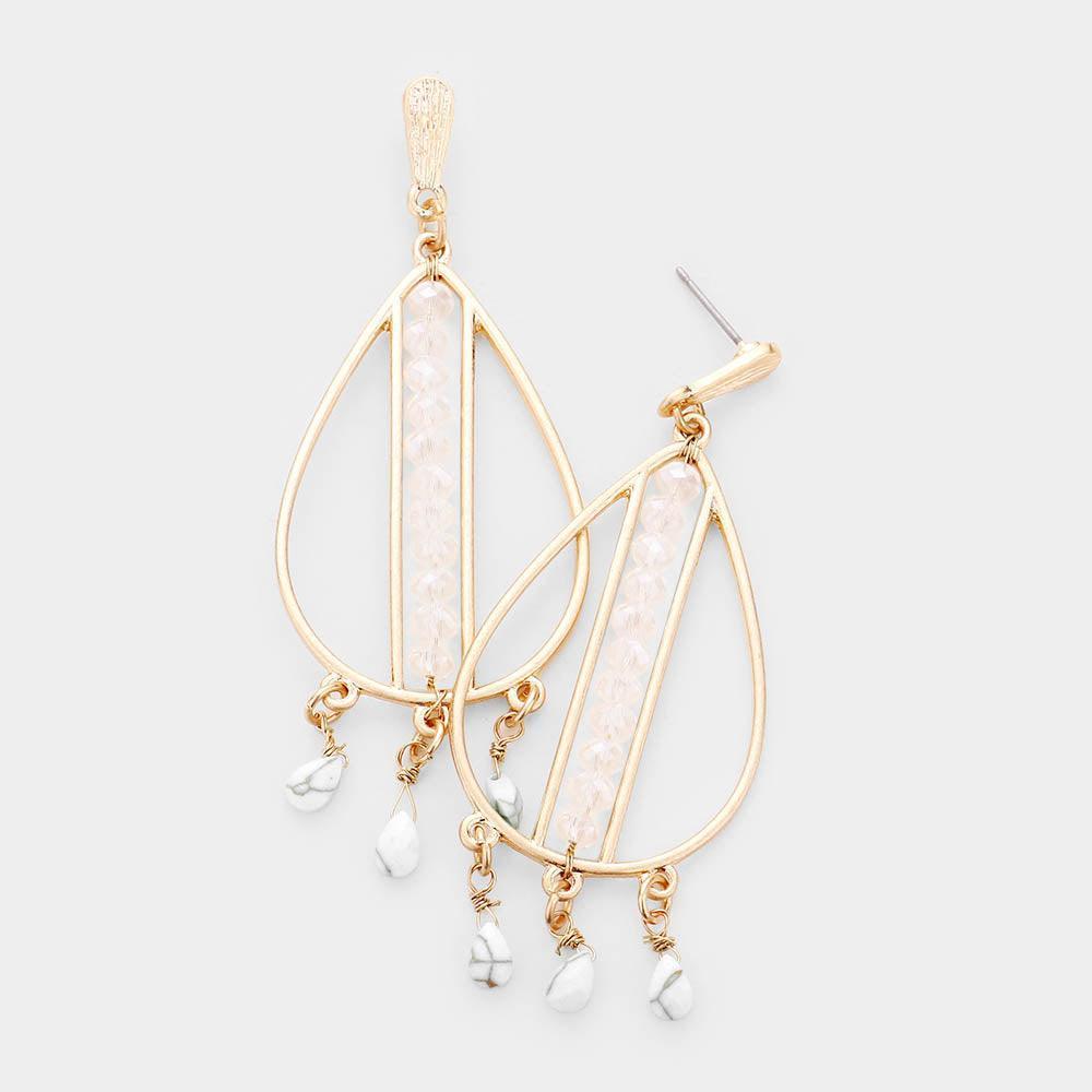 White Cut Out Metal Teardrop Triple Natural Stone Dangle Earrings - Jewelry Store by Erik Rayo