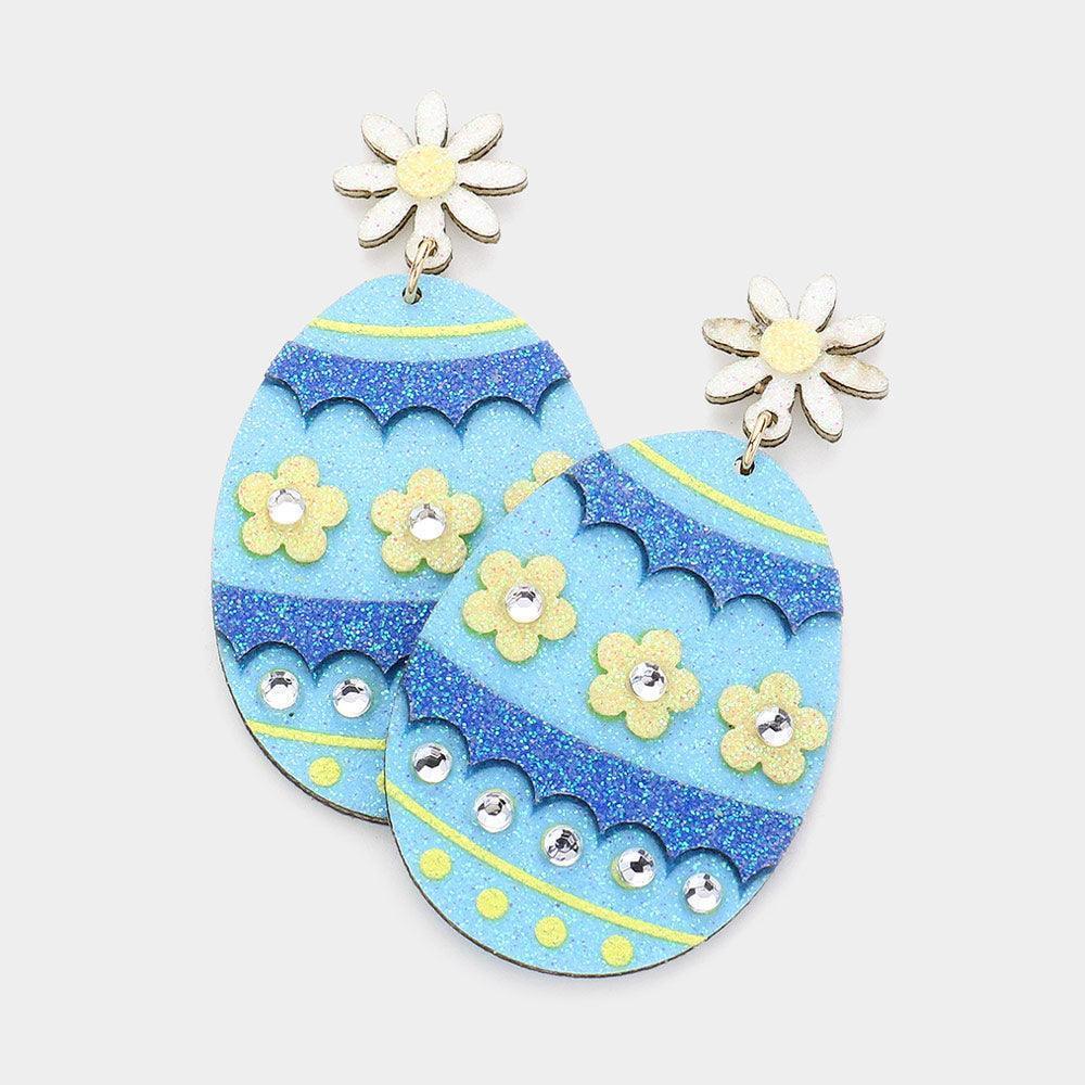 Blue Flower Decorated Easter Egg Dangle Earrings - Jewelry Store by Erik Rayo