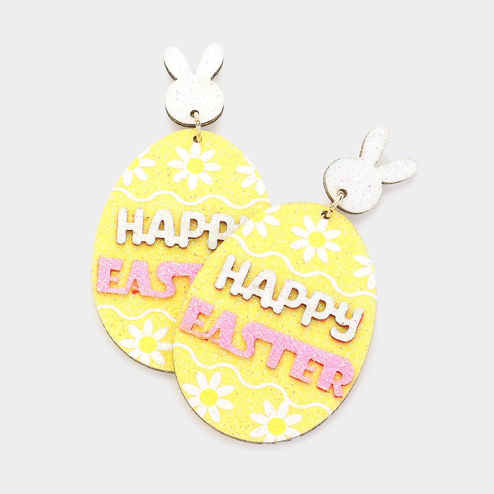 Yellow HAPPY EASTER Message Easter Bunny Egg Dangle Earrings