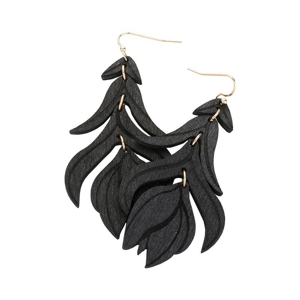 Black Wood Flower Leaf Link Dropdown Earrings - Jewelry Store by Erik Rayo