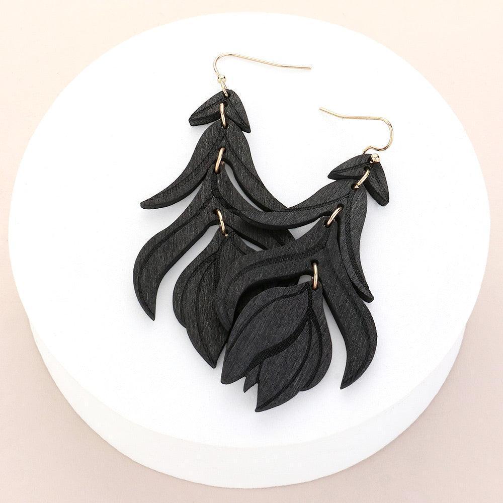 Black Wood Flower Leaf Link Dropdown Earrings - Jewelry Store by Erik Rayo