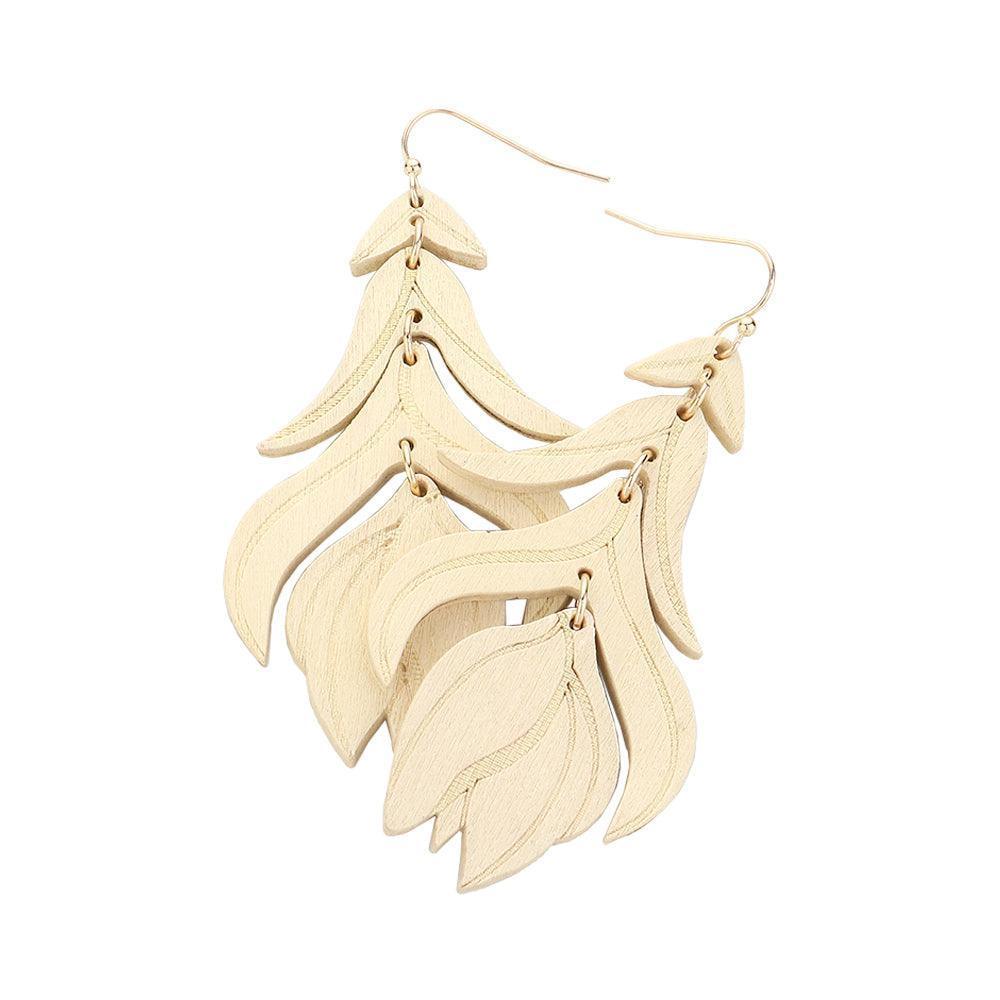 Cream Wood Flower Leaf Link Dropdown Earrings - Jewelry Store by Erik Rayo