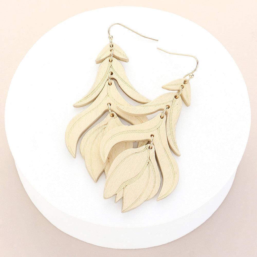 Cream Wood Flower Leaf Link Dropdown Earrings - Jewelry Store by Erik Rayo