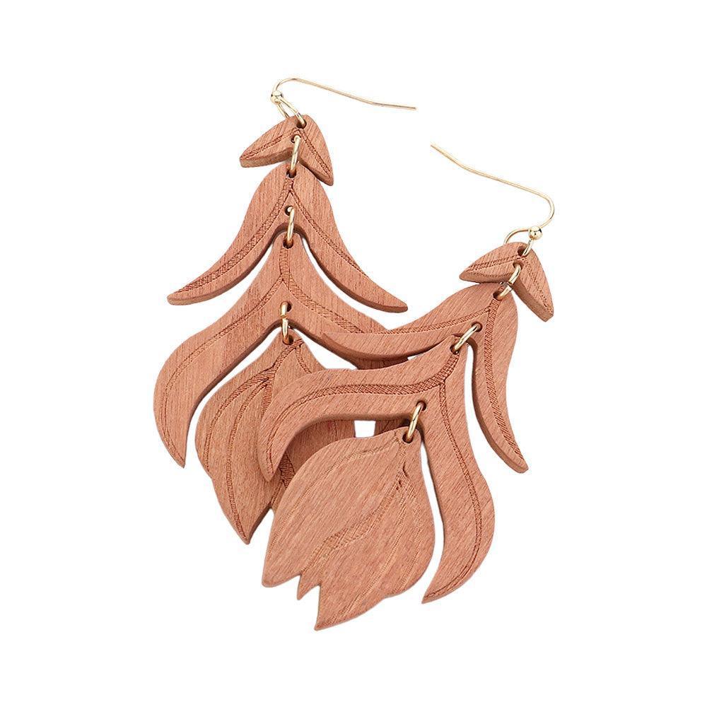 Brown Wood Flower Leaf Link Dropdown Earrings - Jewelry Store by Erik Rayo