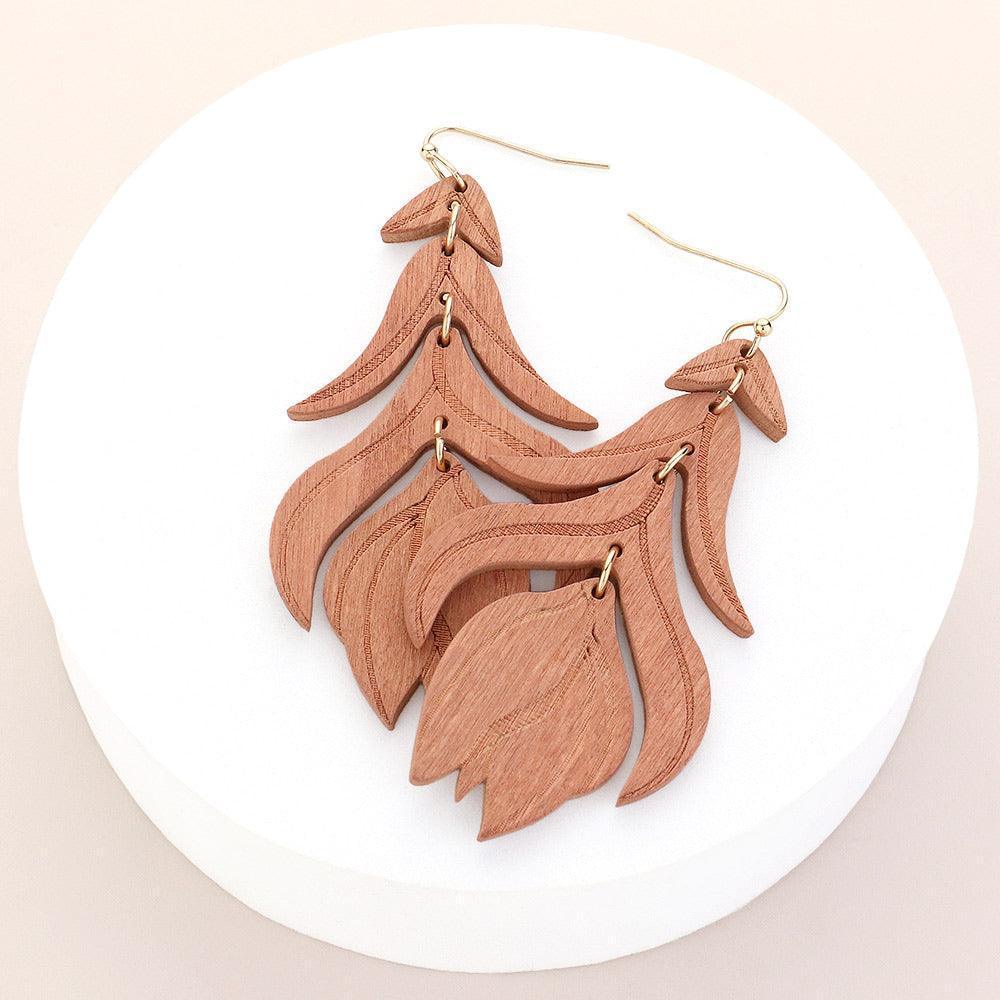 Brown Wood Flower Leaf Link Dropdown Earrings - Jewelry Store by Erik Rayo