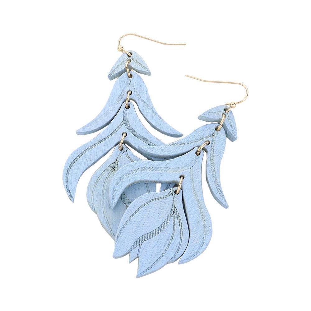 Blue Wood Flower Leaf Link Dropdown Earrings - Jewelry Store by Erik Rayo