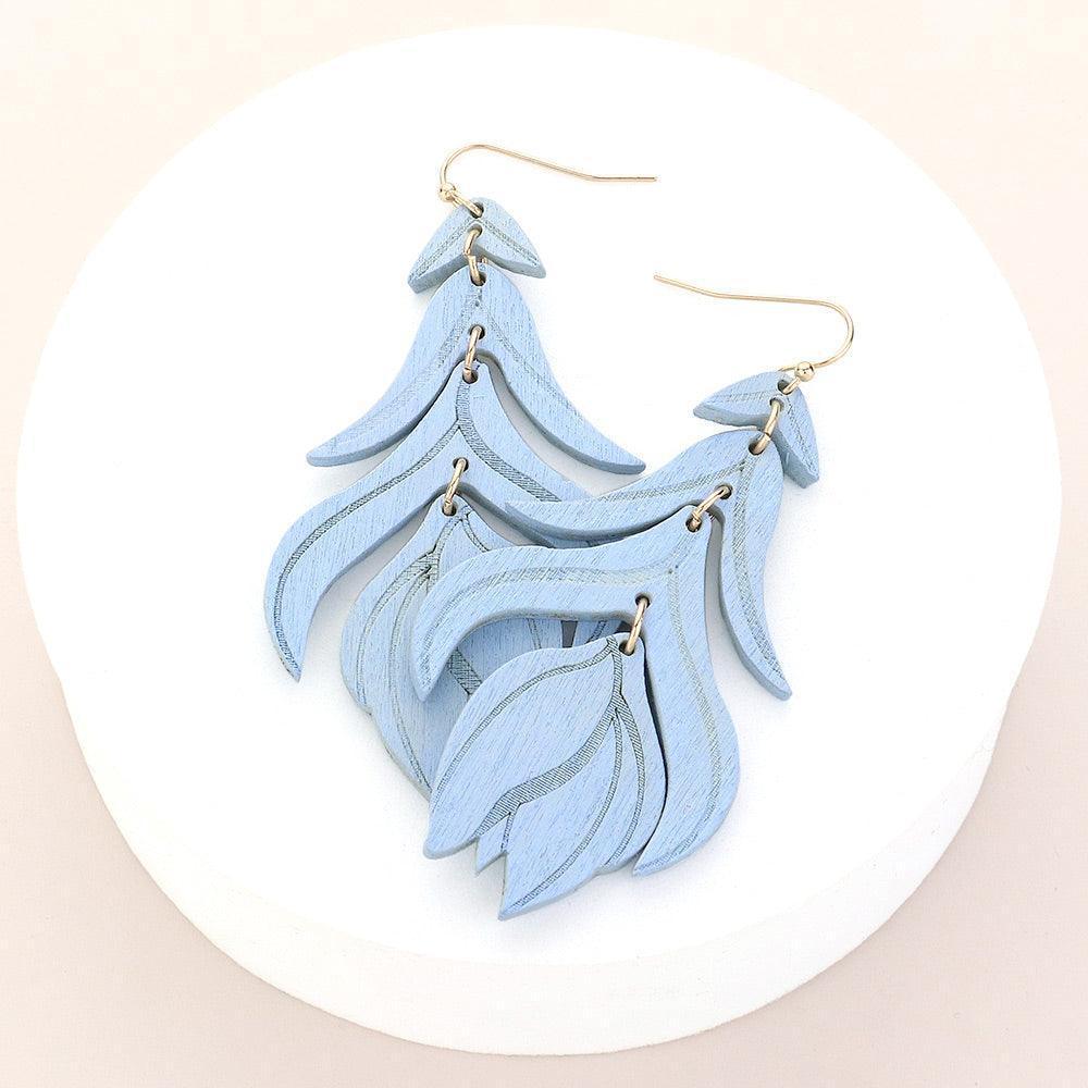 Blue Wood Flower Leaf Link Dropdown Earrings - Jewelry Store by Erik Rayo