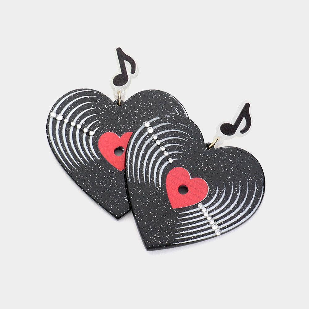 Black Resin Heart Record Music Dangle Earrings - Jewelry Store by Erik Rayo
