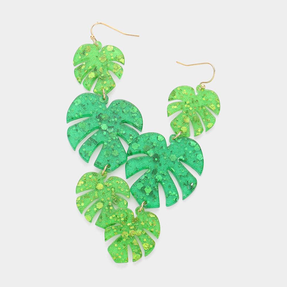 Green Resin Tropical Leaves Link Dropdown Earrings
