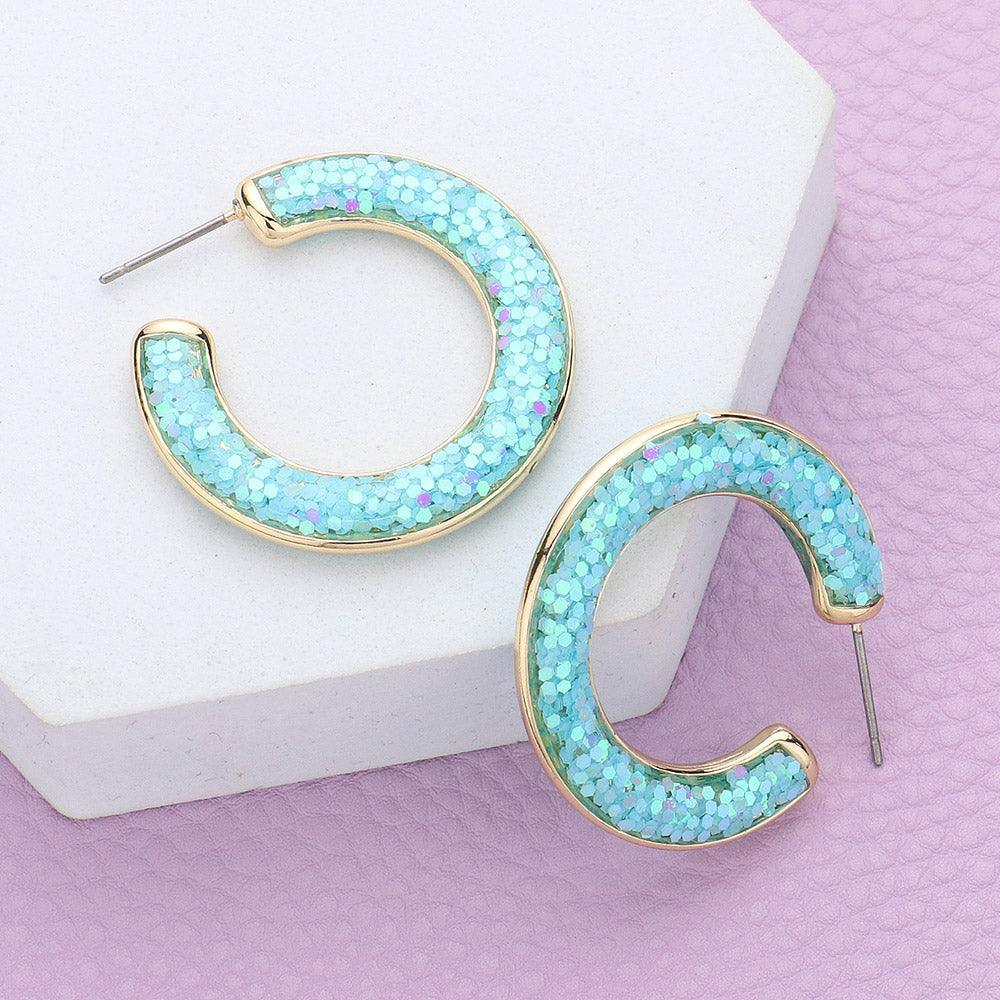 Blue Glitter Inlay Resin Hoop Earrings