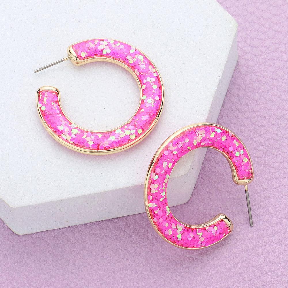 Pink Glitter Inlay Resin Hoop Earrings