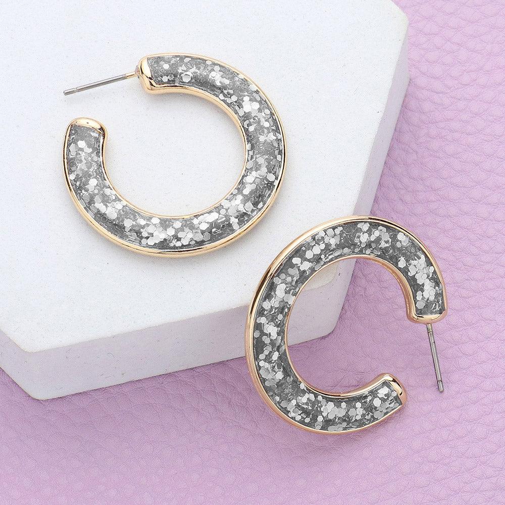 Silver Glitter Inlay Resin Hoop Earrings