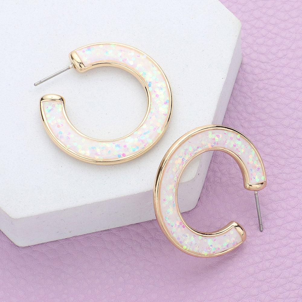 White Glitter Inlay Resin Hoop Earrings