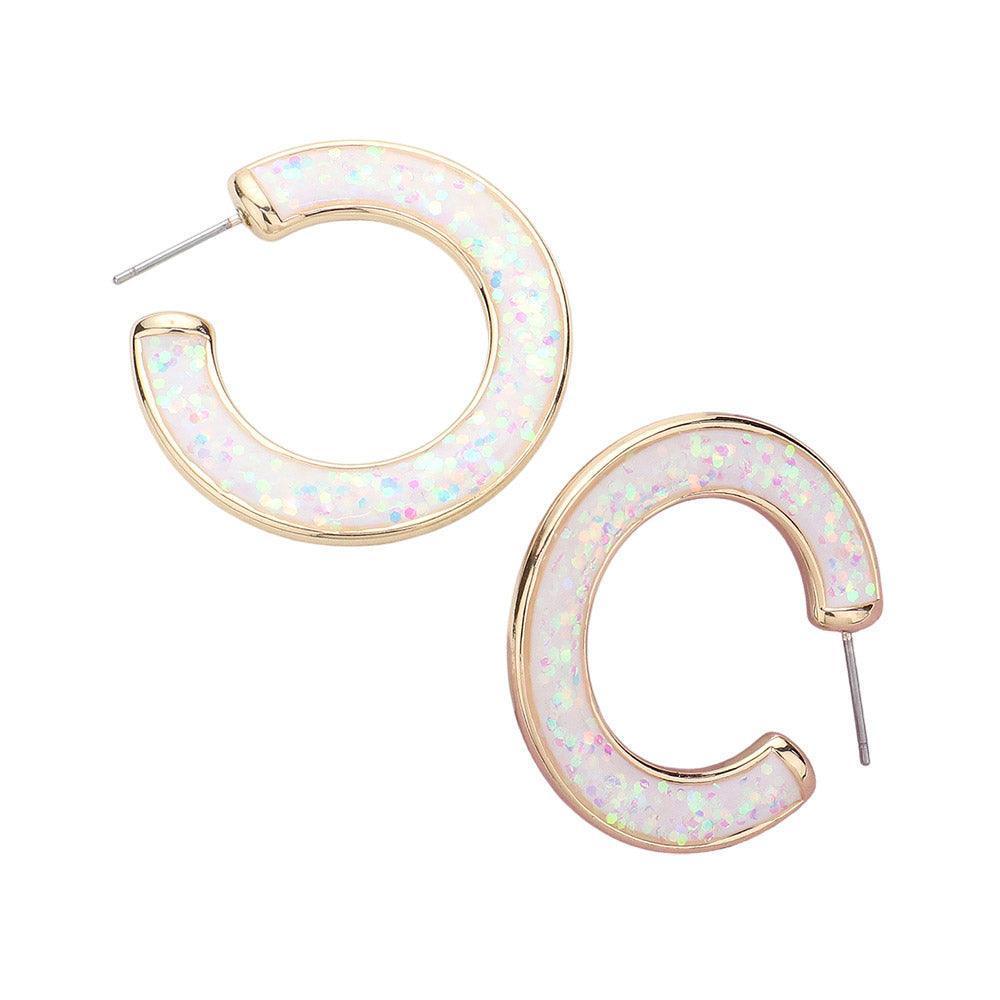 White Glitter Inlay Resin Hoop Earrings - Jewelry Store by Erik Rayo