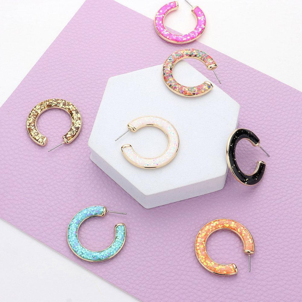 White Glitter Inlay Resin Hoop Earrings - Jewelry Store by Erik Rayo