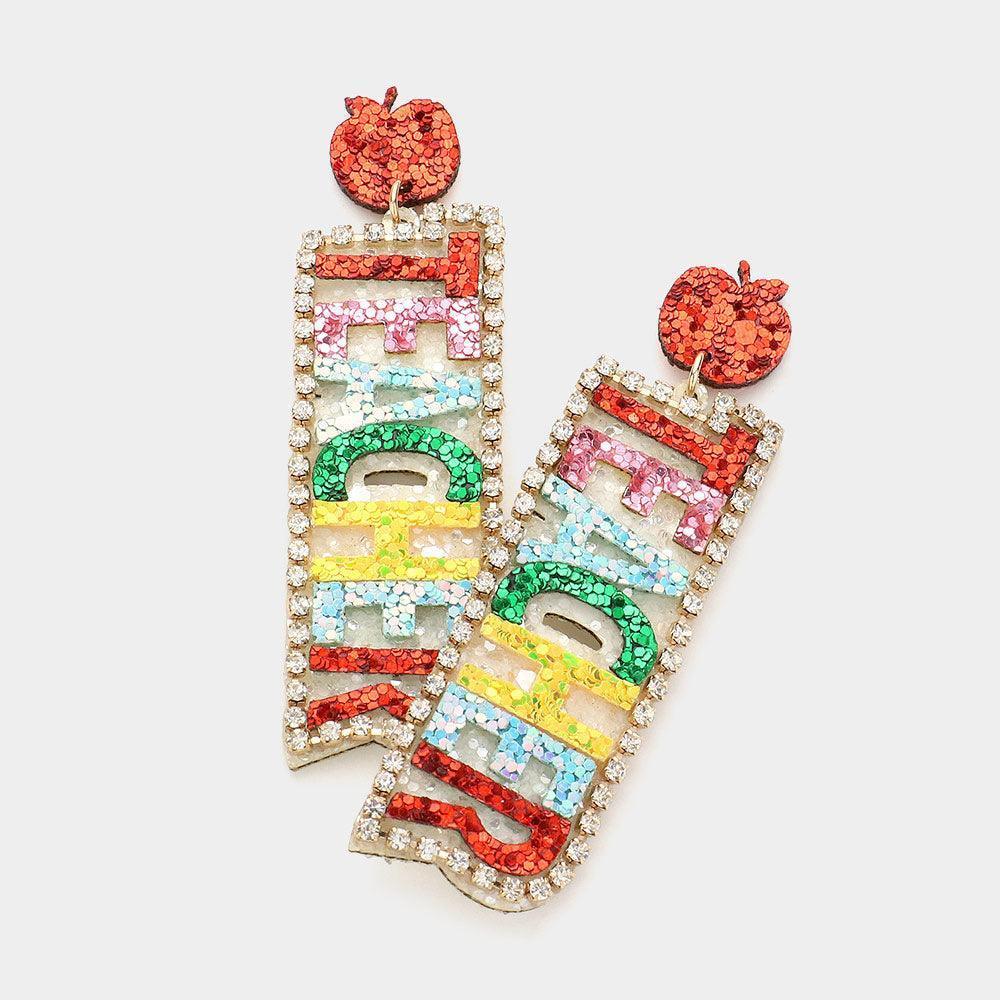 Felt Back Sequin TEACHER Message Dangle Earrings - Jewelry Store by Erik Rayo