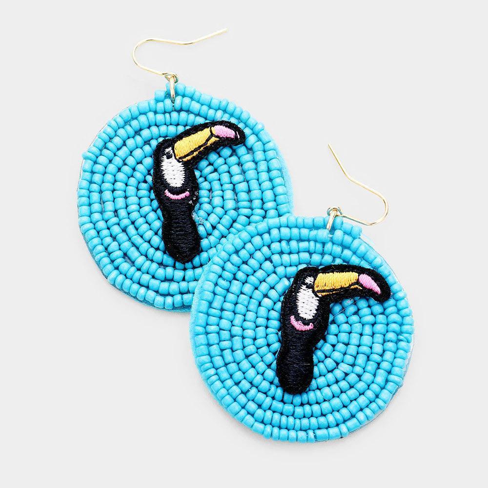 Turquoise Toucan Detail Seed Beaded Round Dangle Earrings - Jewelry Store by Erik Rayo