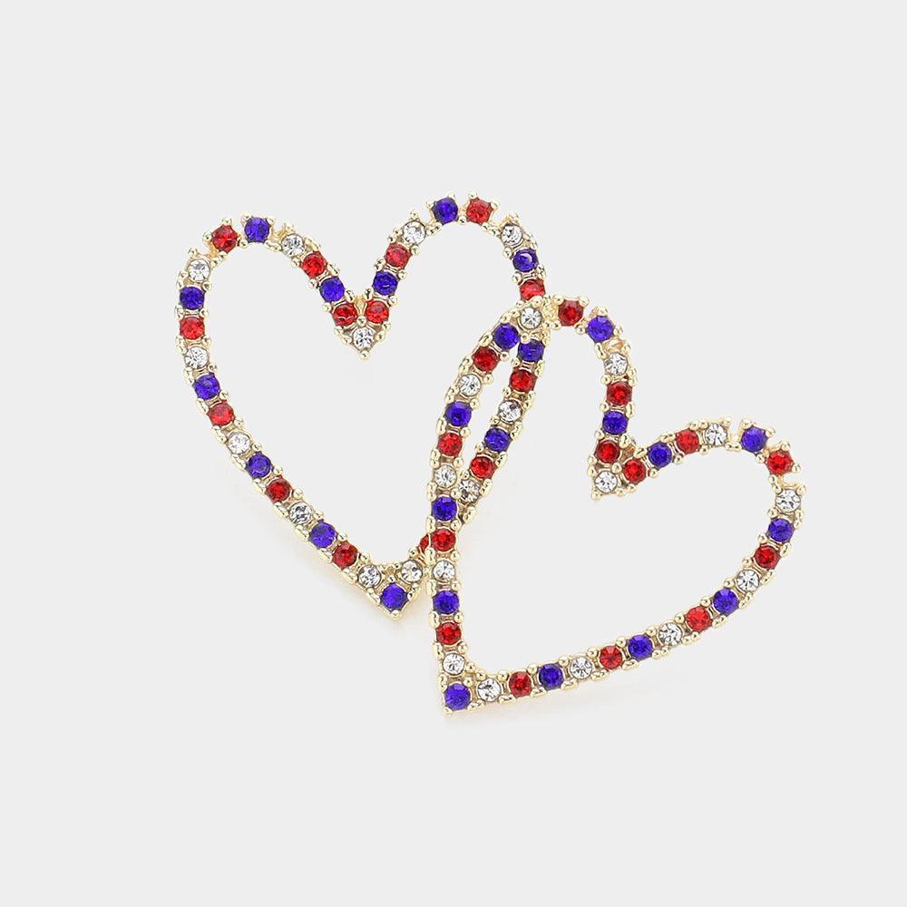 Gold American USA Colored Stone Cluster Open Heart Earrings - Jewelry Store by Erik Rayo