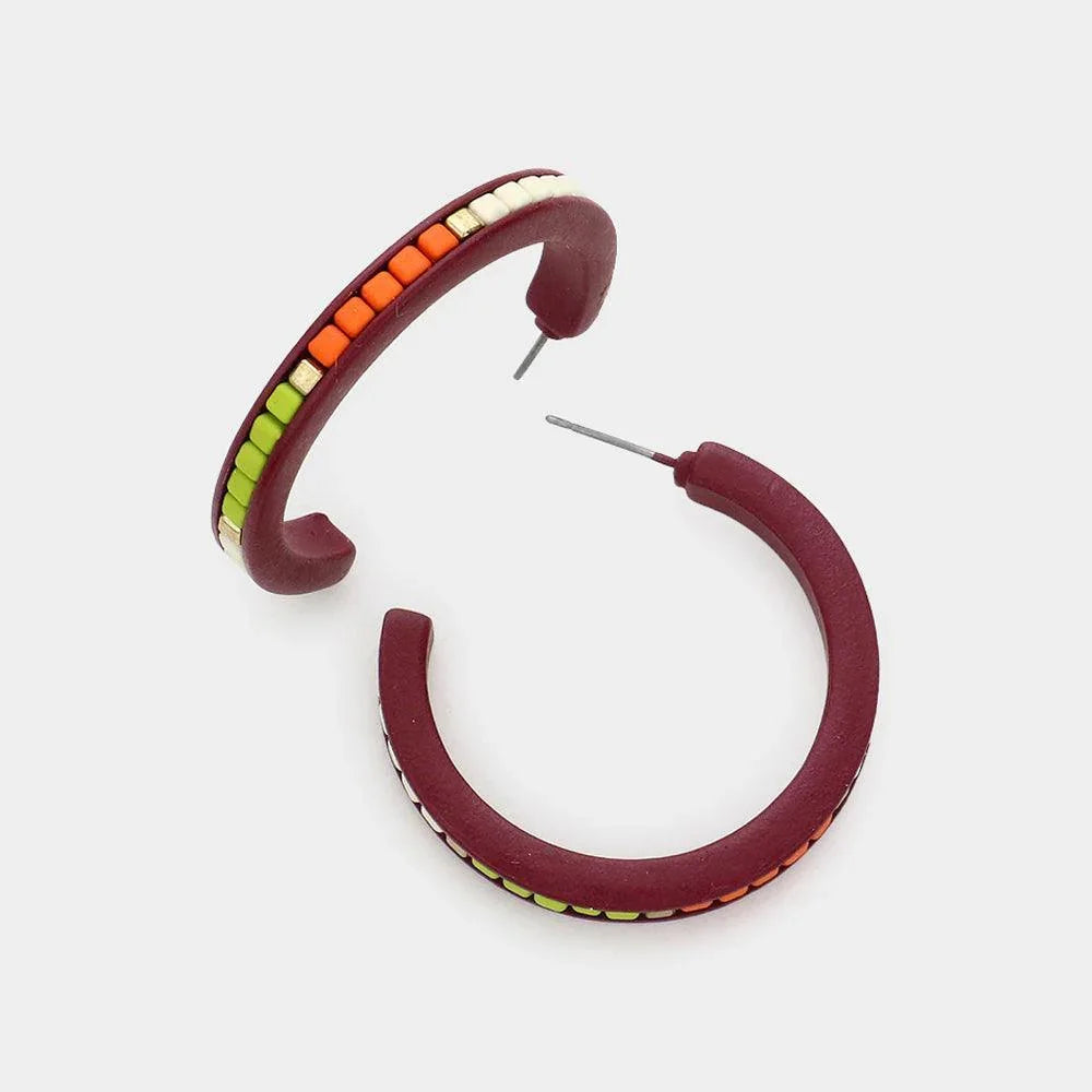 Burgundy Square Bead Embellished Hoop Earrings - Jewelry Store by Erik Rayo