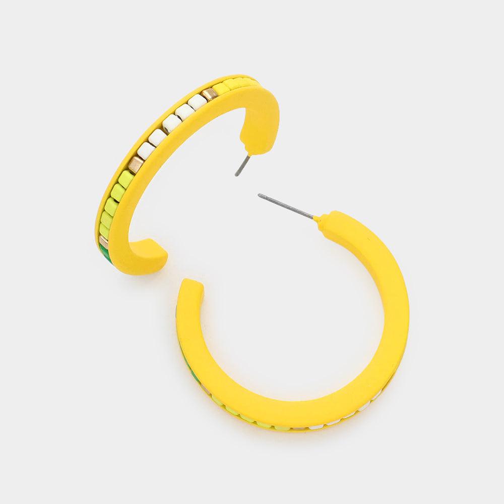 Yellow Square Bead Embellished Hoop Earrings