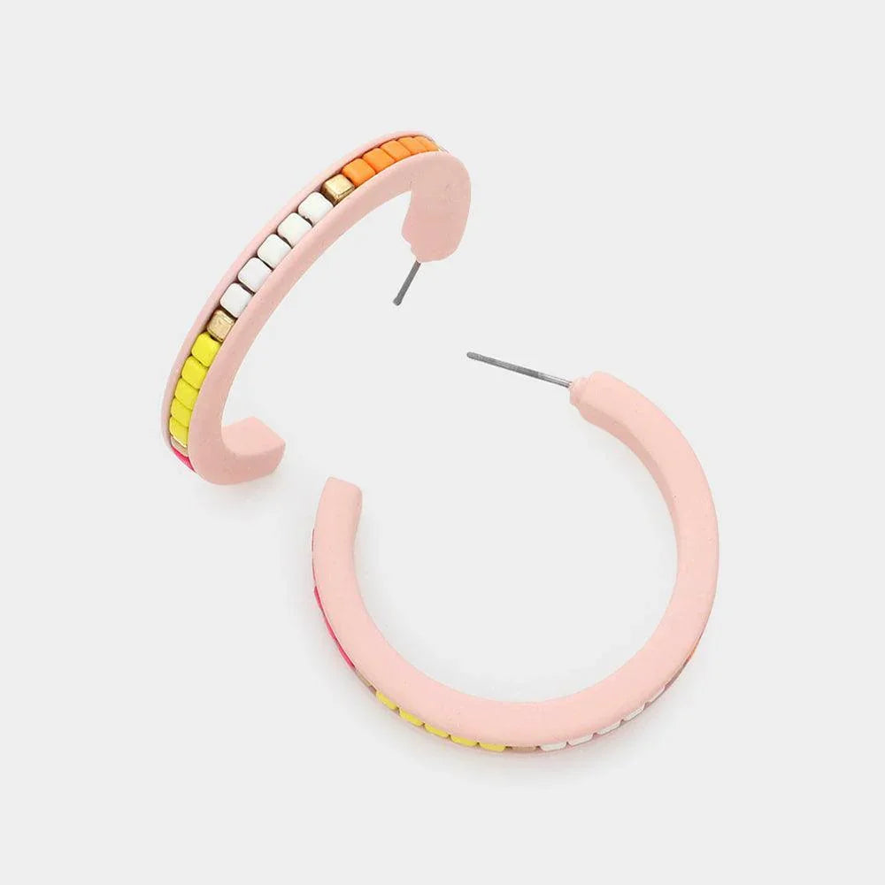 Pink Square Bead Embellished Hoop Earrings - Jewelry Store by Erik Rayo