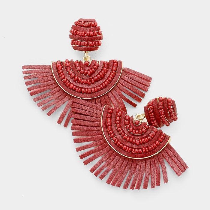 Gold Bead Embellished Faux Leather Fan Tassel Earrings - Jewelry Store by Erik Rayo