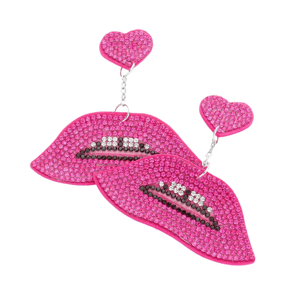 Fuchsia Felt Back Bling Heart Lips Link Dangle Earrings - Jewelry Store by Erik Rayo