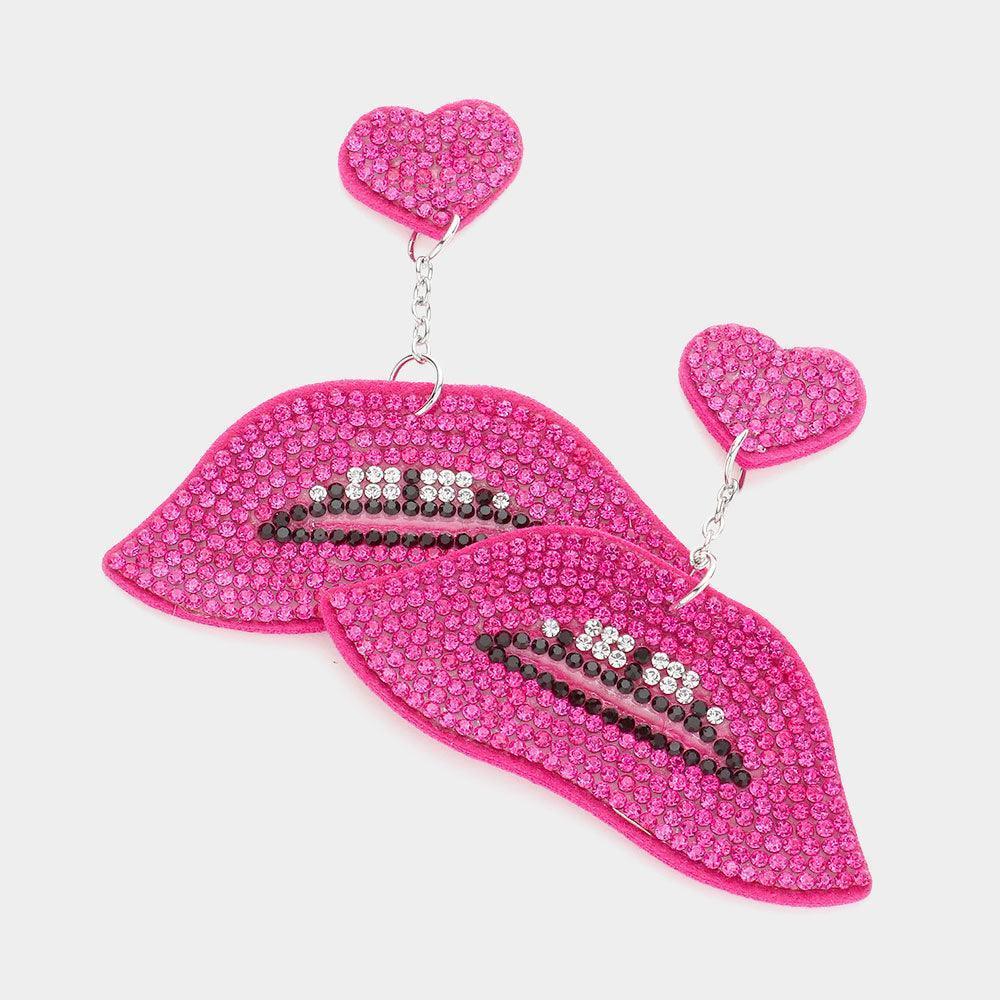 Fuchsia Felt Back Bling Heart Lips Link Dangle Earrings - Jewelry Store by Erik Rayo