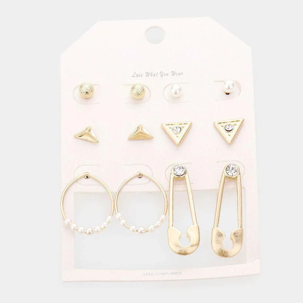 Gold 6Pairs - Rhinestone Embellished Geometric Stud Safety Pin Earrings - Jewelry Store by Erik Rayo