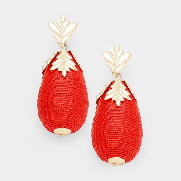 Red Thread Oval Metal Leaf Drop Earrings - Jewelry Store by Erik Rayo