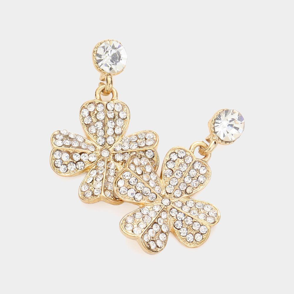 Clear Rhinestone Paved Clover Dangle Earrings - Jewelry Store by Erik Rayo