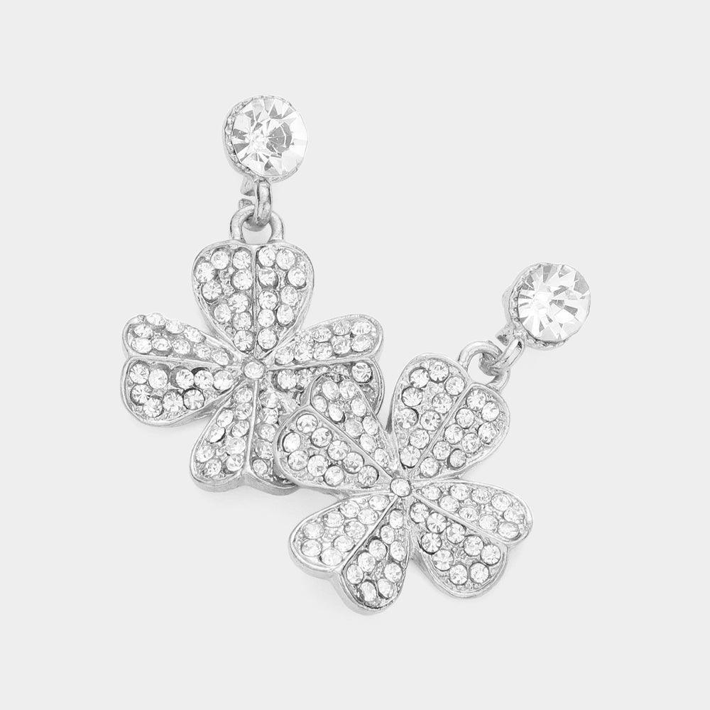 Clear Rhinestone Paved Clover Dangle Earrings - Jewelry Store by Erik Rayo