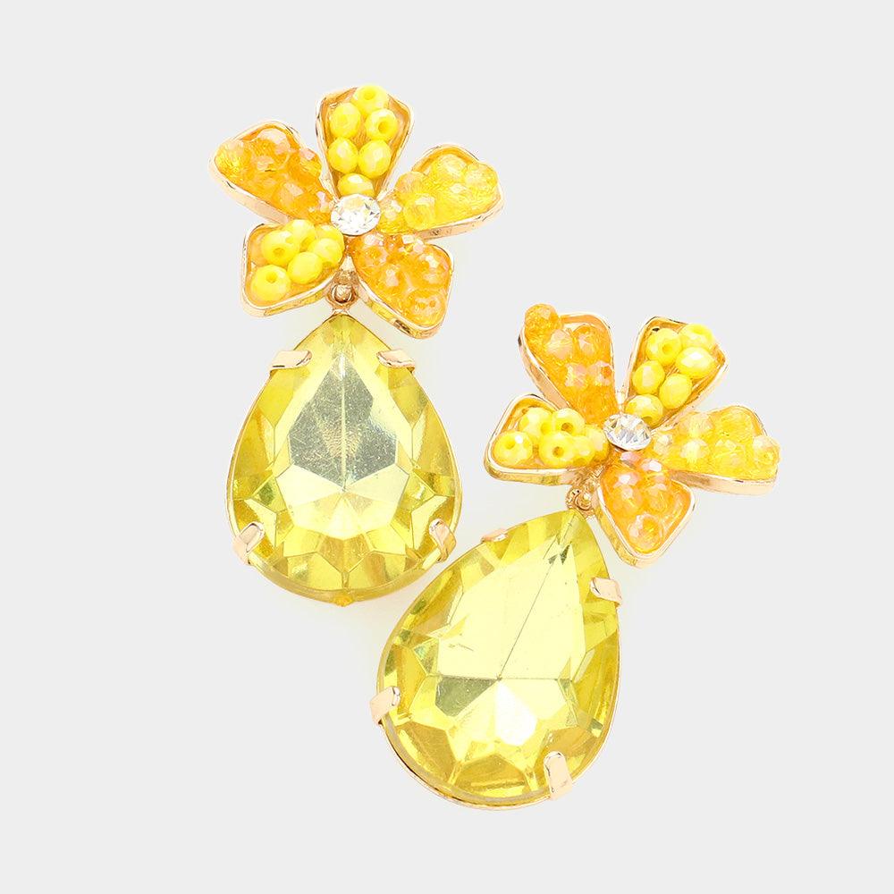 Yellow Beaded Flower Teardrop Stone Link Dangle Earrings