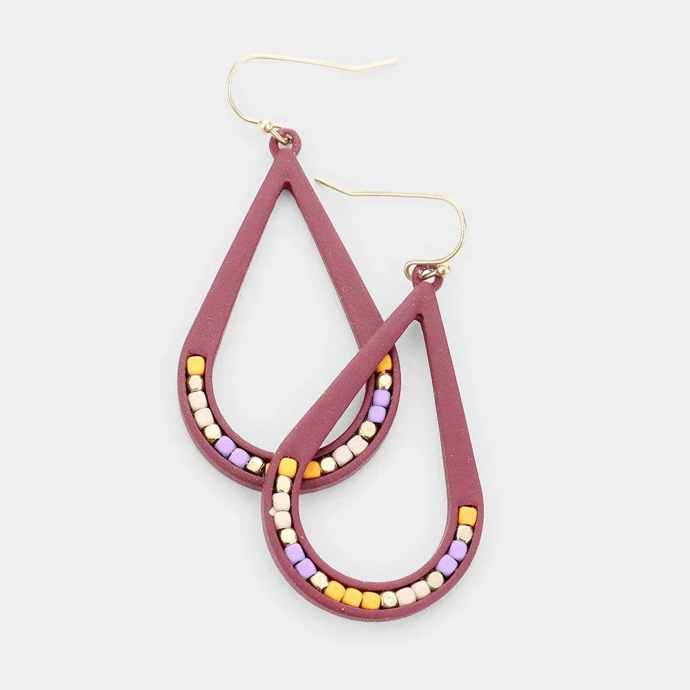 Burgundy Resin Teardrop Seed Bead Earrings - Jewelry Store by Erik Rayo